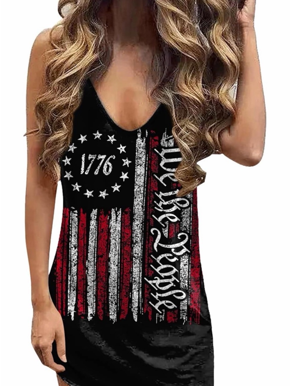 Women’s Black Graphic Tank Dress with 1776 Flag Design